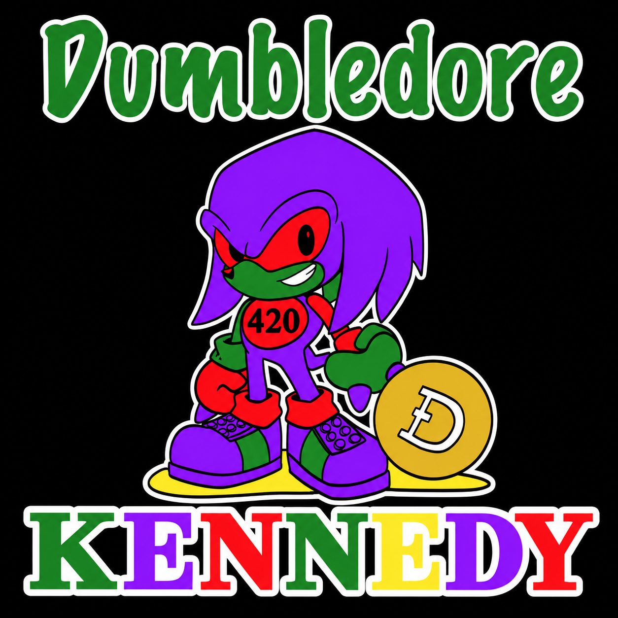 Dumbledore Kennedy logo: a purple Knuckles character with red eyes, a green muzzle, 420 on his chest and a gold Dogecoin coin.